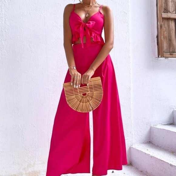 Wide Leg Pants w/ Peplum Cami Knot Front Top set - Picture 5 of 8